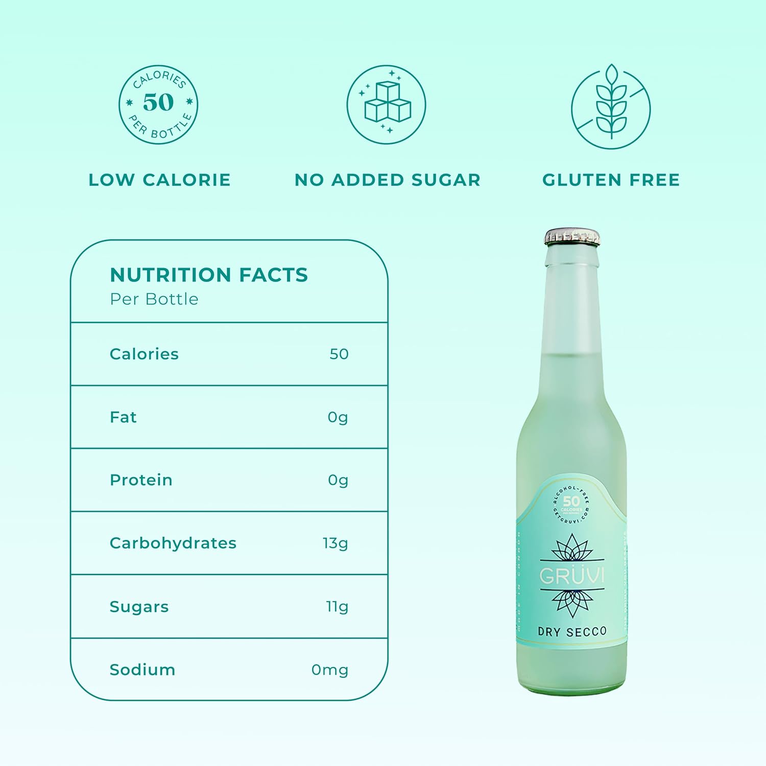Gruvi Alkoholfreier trockener Secco, 50 Kalorien, 24 Flaschen, 0% ABV, alkoholfreier Sekt, alkoholfreier Wein