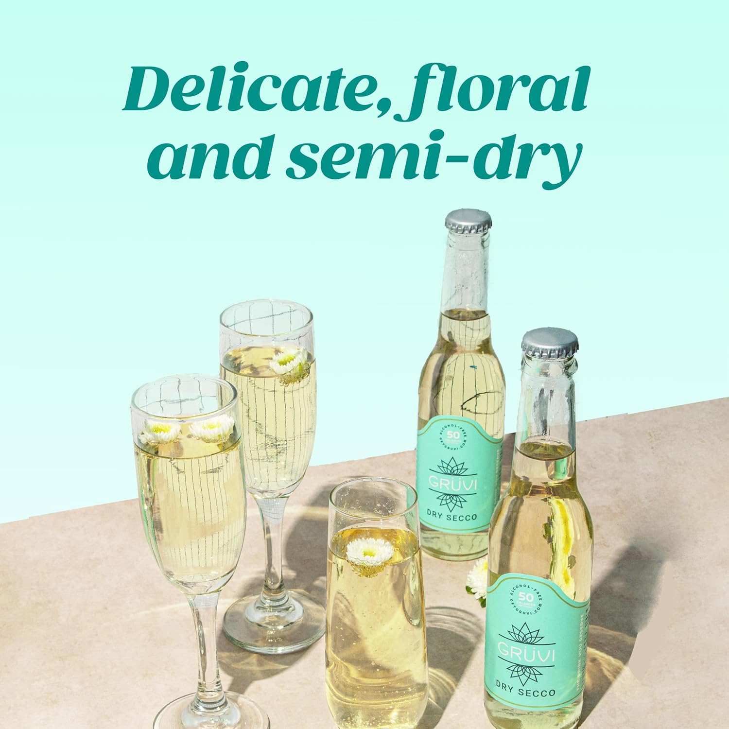 Gruvi Alkoholfreier trockener Secco, 50 Kalorien, 24 Flaschen, 0% ABV, alkoholfreier Sekt, alkoholfreier Wein