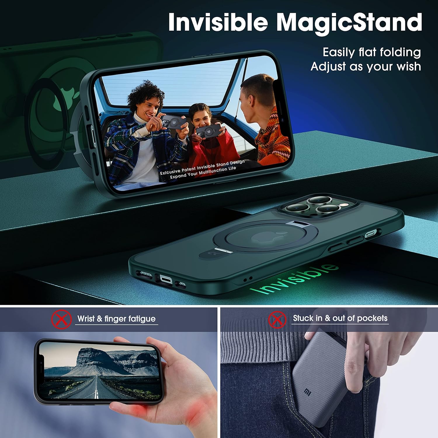 CASEKOO Designed for iPhone 13 Pro Case with Magnetic Invisible Stand [Military Drop Protection] [Compatible with MagSafe] Shockproof Slim Translucent Matte Case 6.1 Inch 2021, Green
