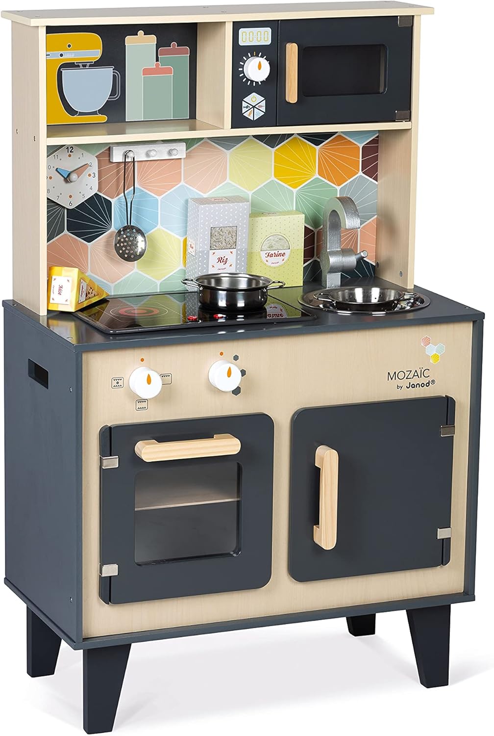 Janod - Mozaïc Big Cooker - Play Kitchen for Children - Cucina per bambini con suoni e luci - Cucina in legno con 3 accessori 3 scatole per alimenti - dai 3 anni - J06609