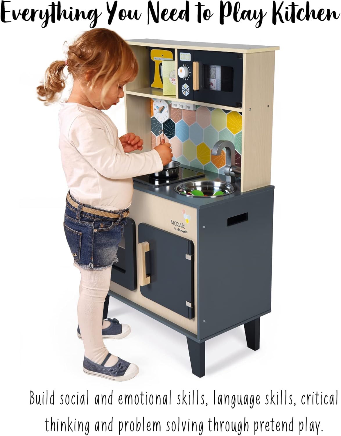Janod - Mozaïc Big Cooker - Play Kitchen for Children - Cucina per bambini con suoni e luci - Cucina in legno con 3 accessori 3 scatole per alimenti - dai 3 anni - J06609