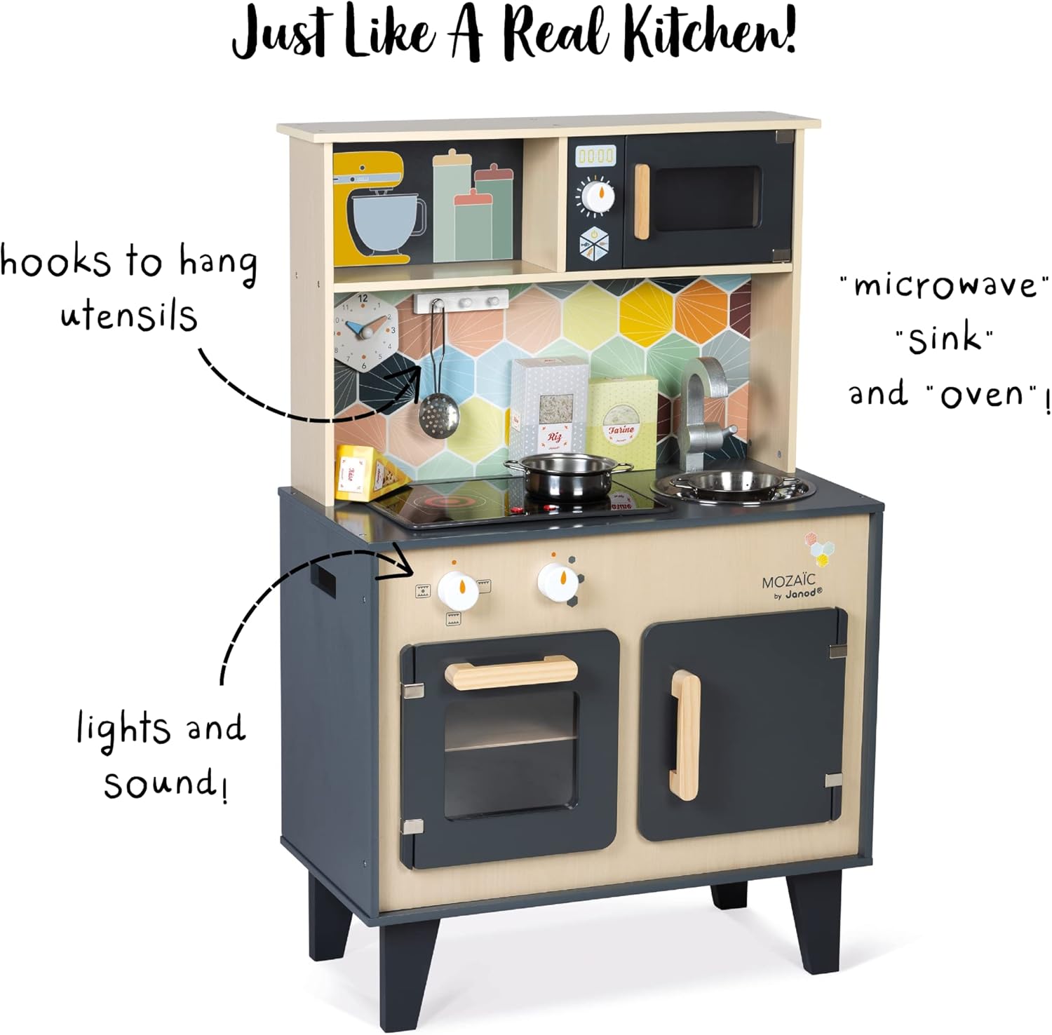Janod - Mozaïc Big Cooker - Play Kitchen for Children - Cucina per bambini con suoni e luci - Cucina in legno con 3 accessori 3 scatole per alimenti - dai 3 anni - J06609
