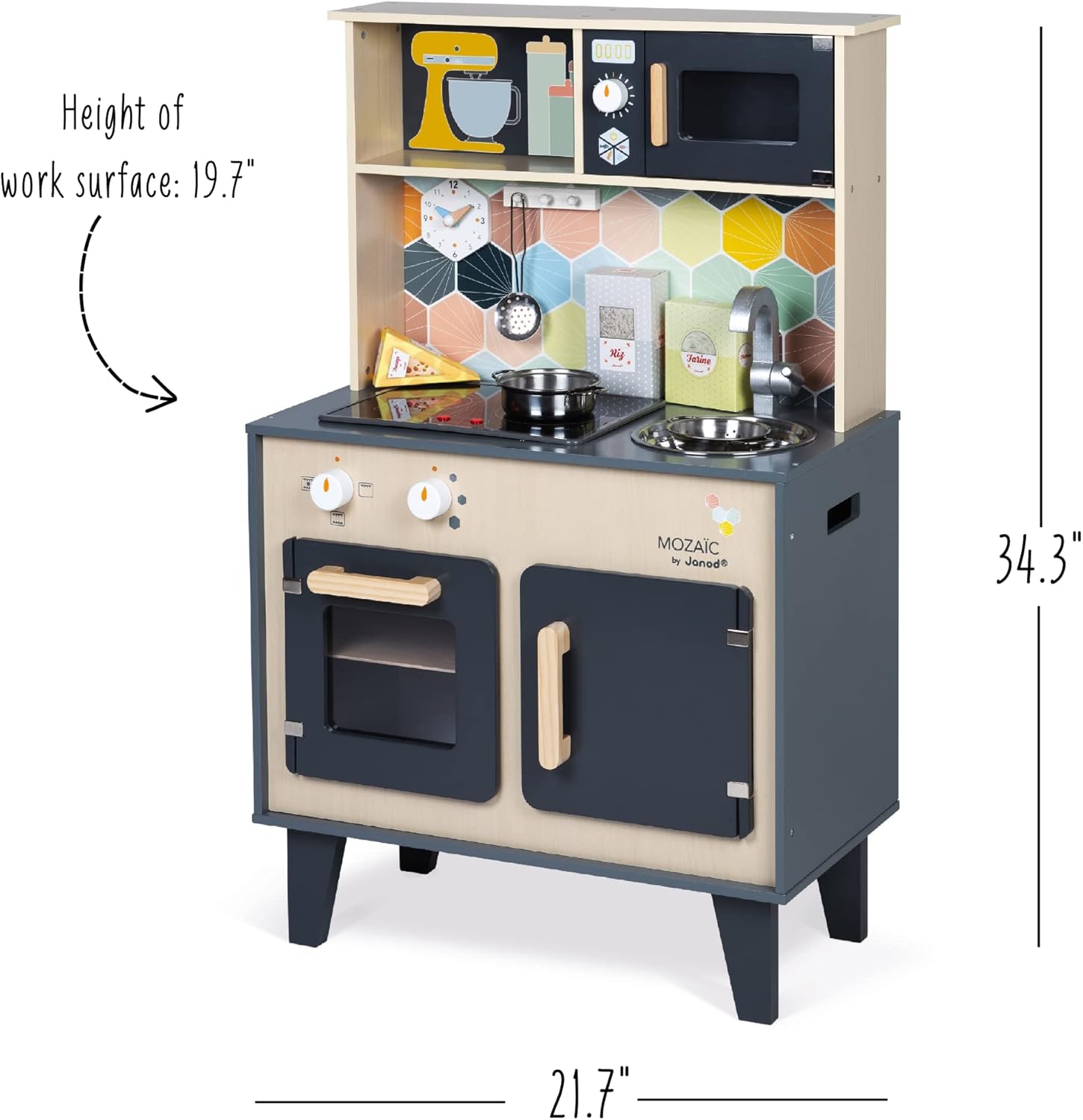 Janod - Mozaïc Big Cooker - Play Kitchen for Children - Cucina per bambini con suoni e luci - Cucina in legno con 3 accessori 3 scatole per alimenti - dai 3 anni - J06609