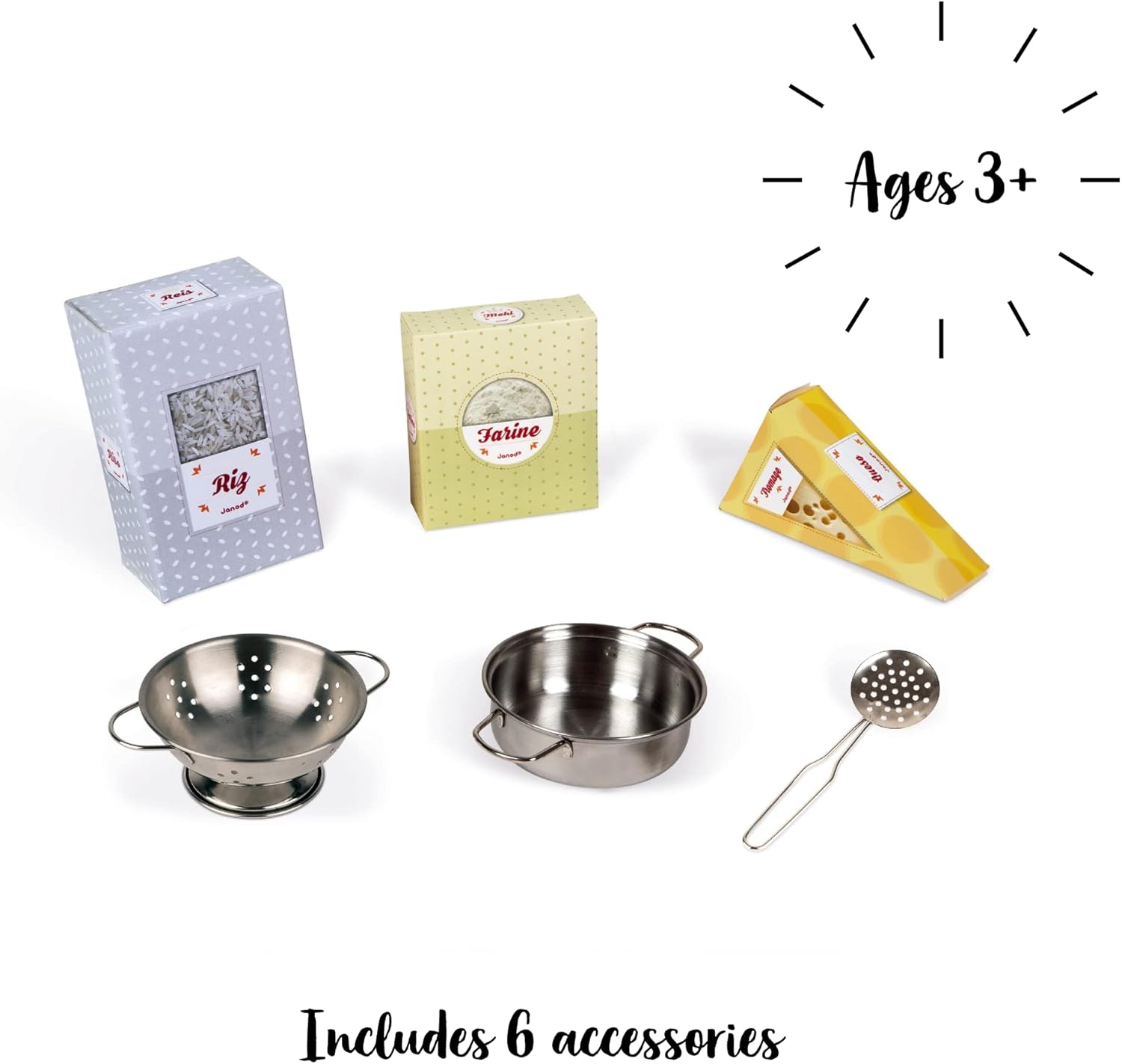 Janod - Mozaïc Big Cooker - Play Kitchen for Children - Cucina per bambini con suoni e luci - Cucina in legno con 3 accessori 3 scatole per alimenti - dai 3 anni - J06609