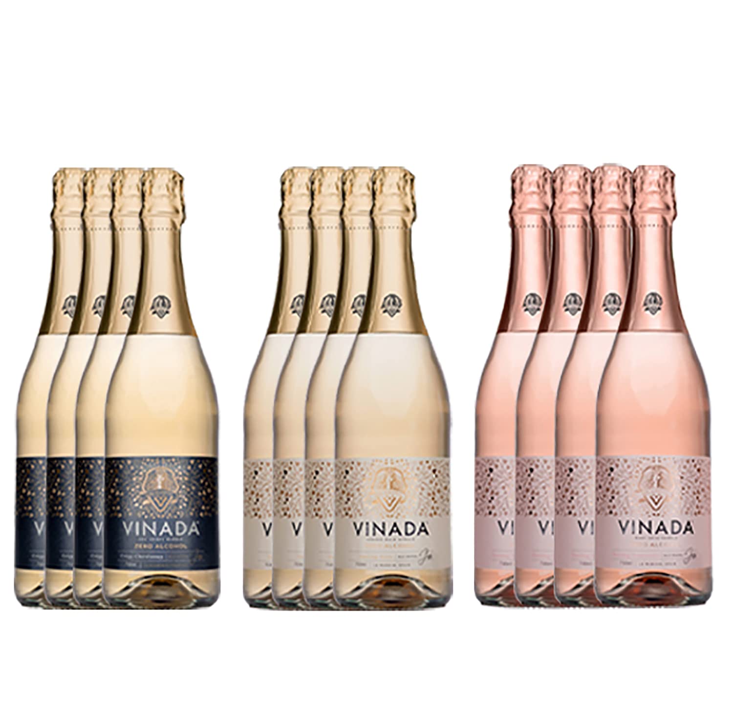 VINADA - Confezione varietale Crispy Chardonnay, Sparkling Gold, Sparkling Rose (zero alcol) - 750 ml (12 bottiglie di vetro)