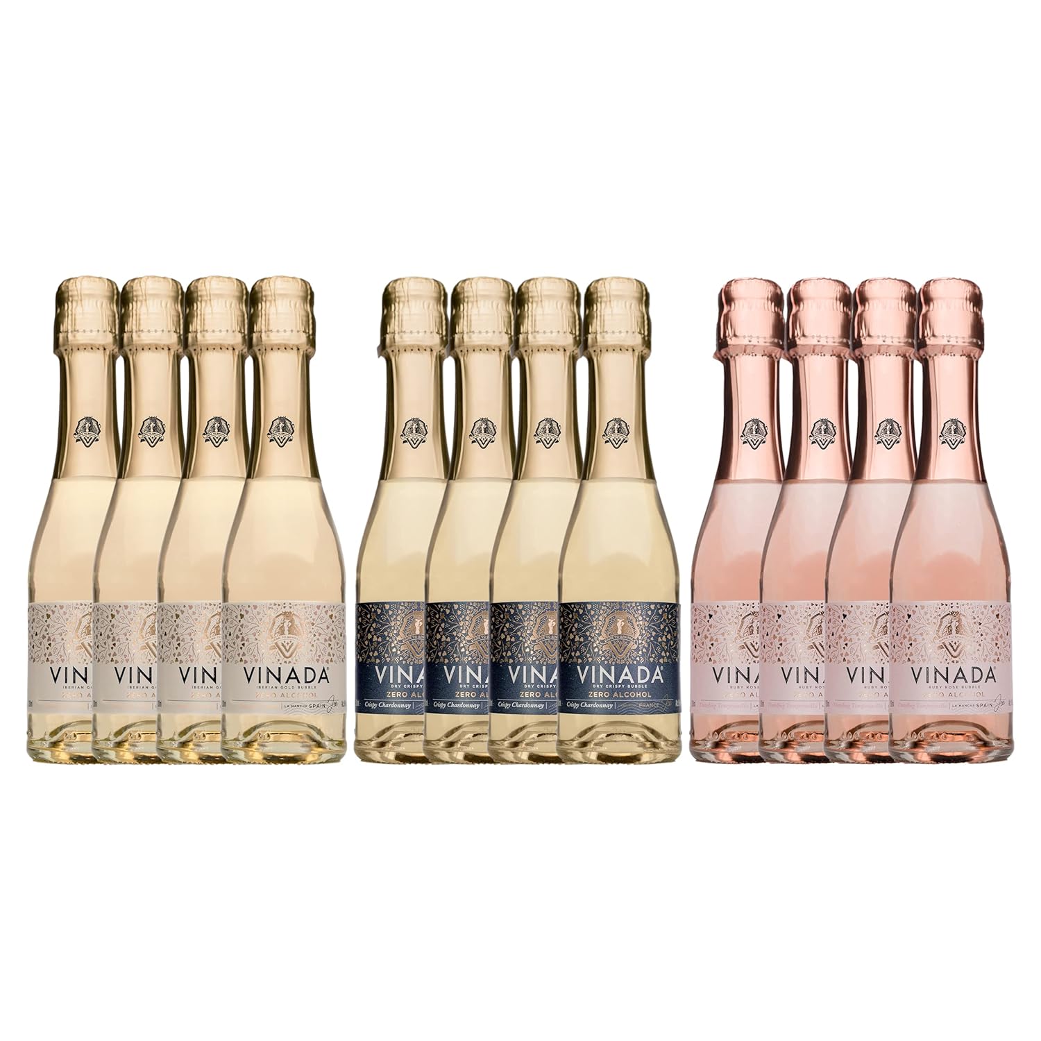 VINADA - Crispy Chardonnay, Sparkling Gold, Rosé Mini Variety Pack - Zero Alcohol Wine - 200 ml (12 Glass Bottles)