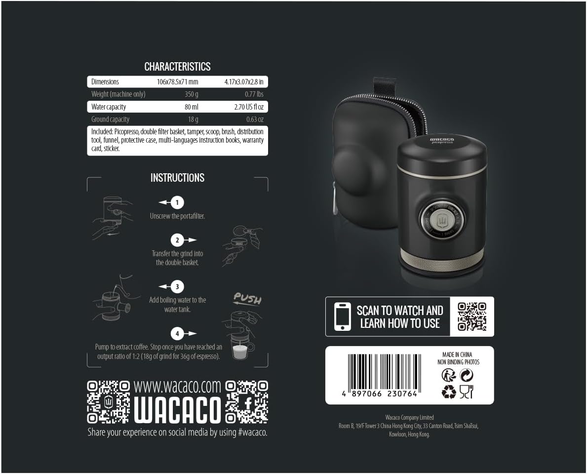 WACACO Picopresso เครื่องชงกาแฟเอสเพรสโซพกพาพร้อมเคสป้องกัน เครื่องชงกาแฟพิเศษระดับมืออาชีพ บดละเอียดพิเศษได้ เครื่องชงกาแฟแบบพกพาที่ควบคุมด้วยมือ