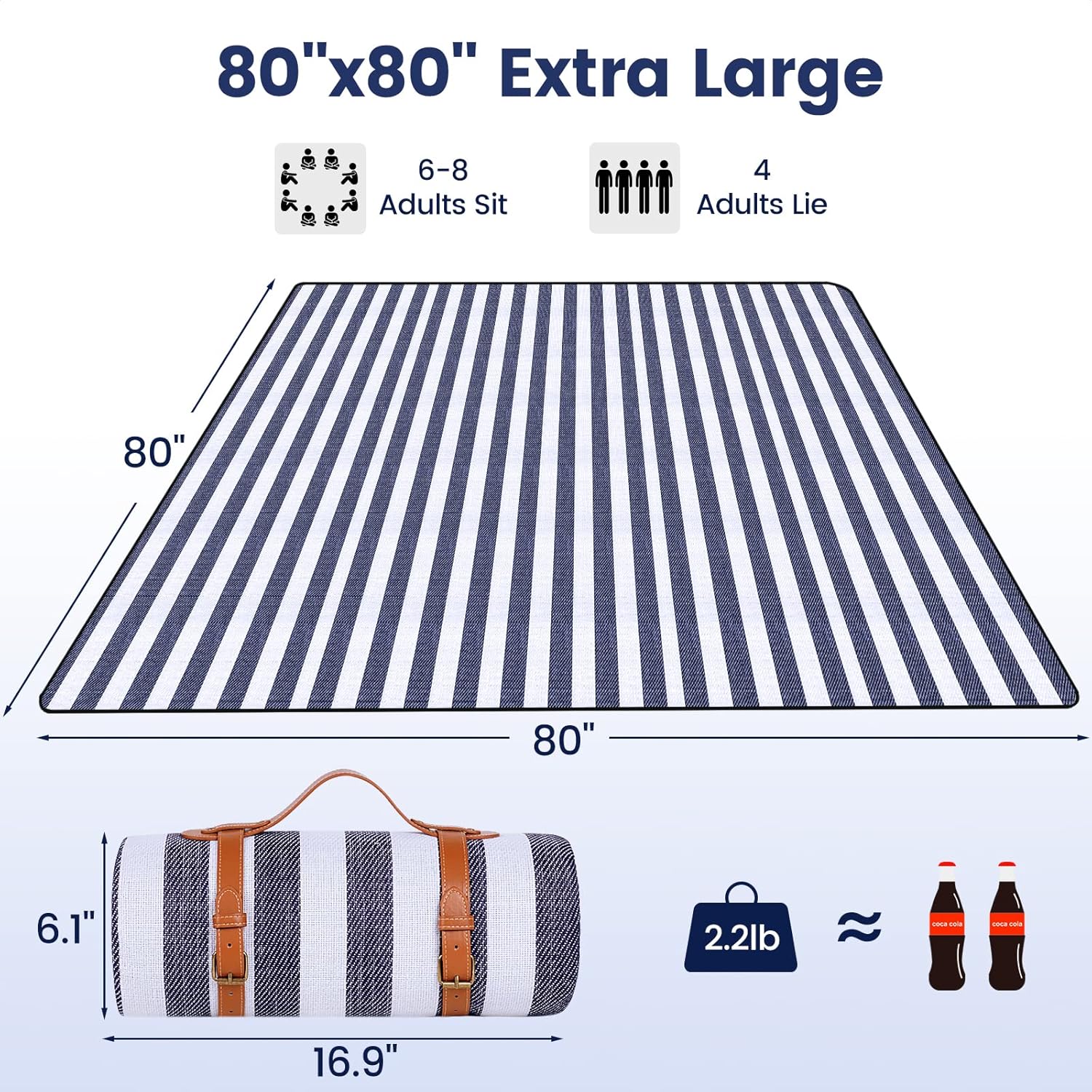 ผ้าห่มปิกนิกขนาดใหญ่พิเศษ 80”x 80” ผ้าห่มชายหาดกันน้ำและพับได้ 3 ชั้นสำหรับกลางแจ้งสำหรับผู้ใหญ่ 6 ถึง 8 คน สำหรับการตั้งแคมป์ สวนสาธารณะ ชายหาด หญ้า ในร่ม…