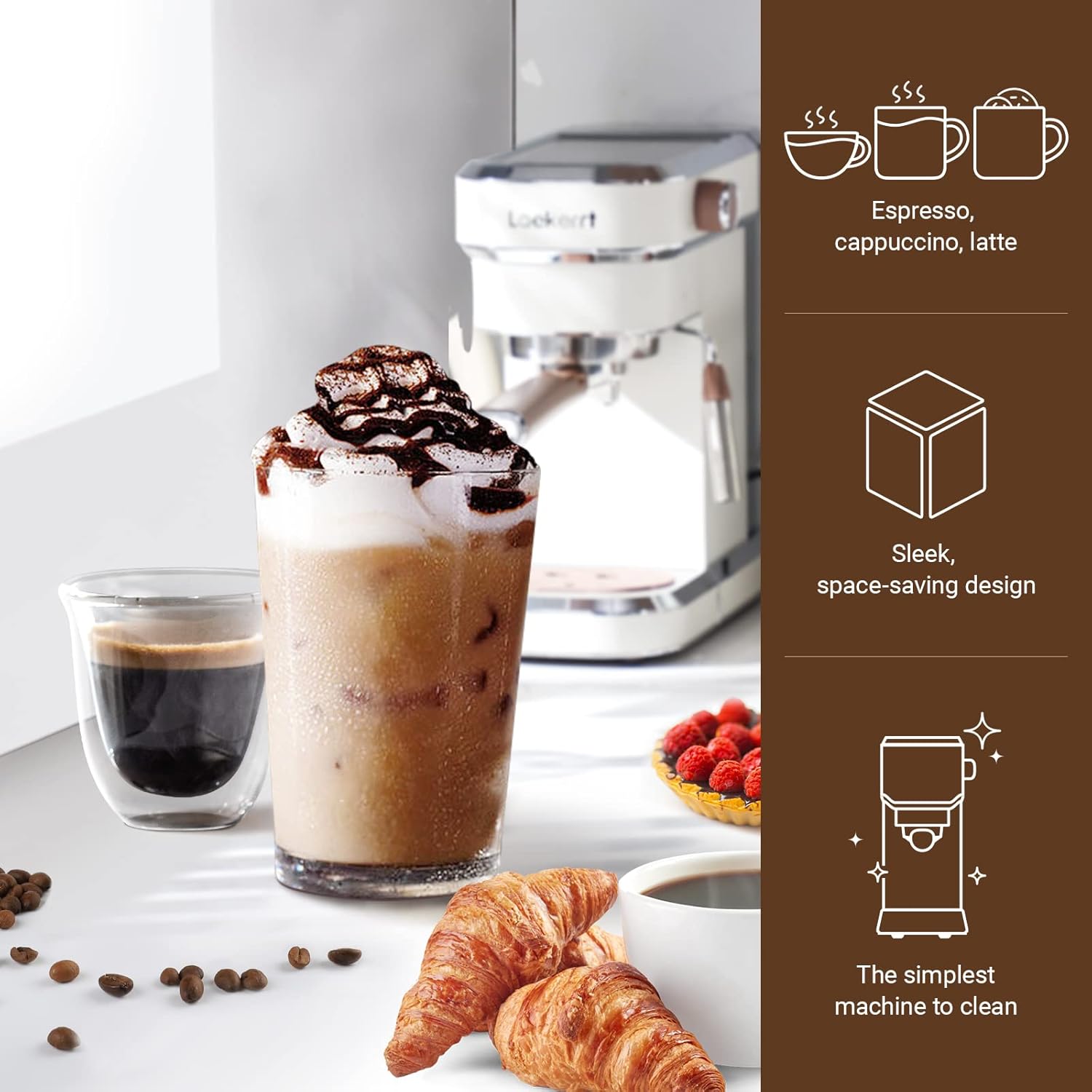 เครื่องชงกาแฟเอสเพรสโซ Laekerrt 20 บาร์ เครื่องชงเอสเพรสโซ CMEP01 พร้อมหัวตีฟองนม เครื่องทำกาแฟเอสเพรสโซสำหรับใช้ในบ้าน สำหรับลาเต้และคาปูชิโน สีขาวลูกแพร์ สเตนเลสสตีล ของขวัญสำหรับผู้หญิง ภรรยาหรือคุณแม่