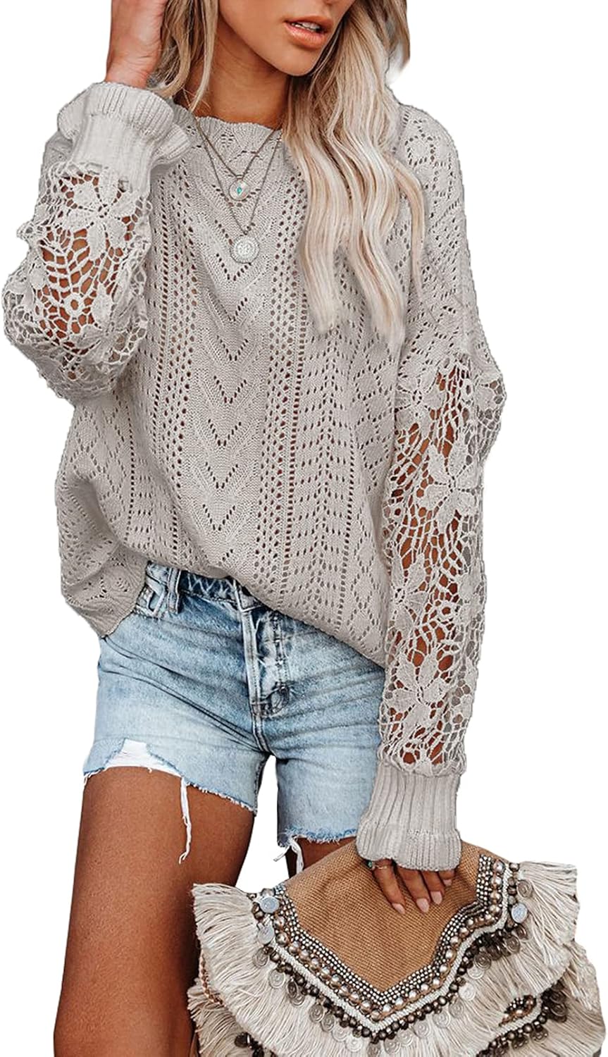 Dokotoo Womens Crewneck Crochet Lace Long Sleeve Hollow Out Cable Knit Sweaters Pullover Tops · v3