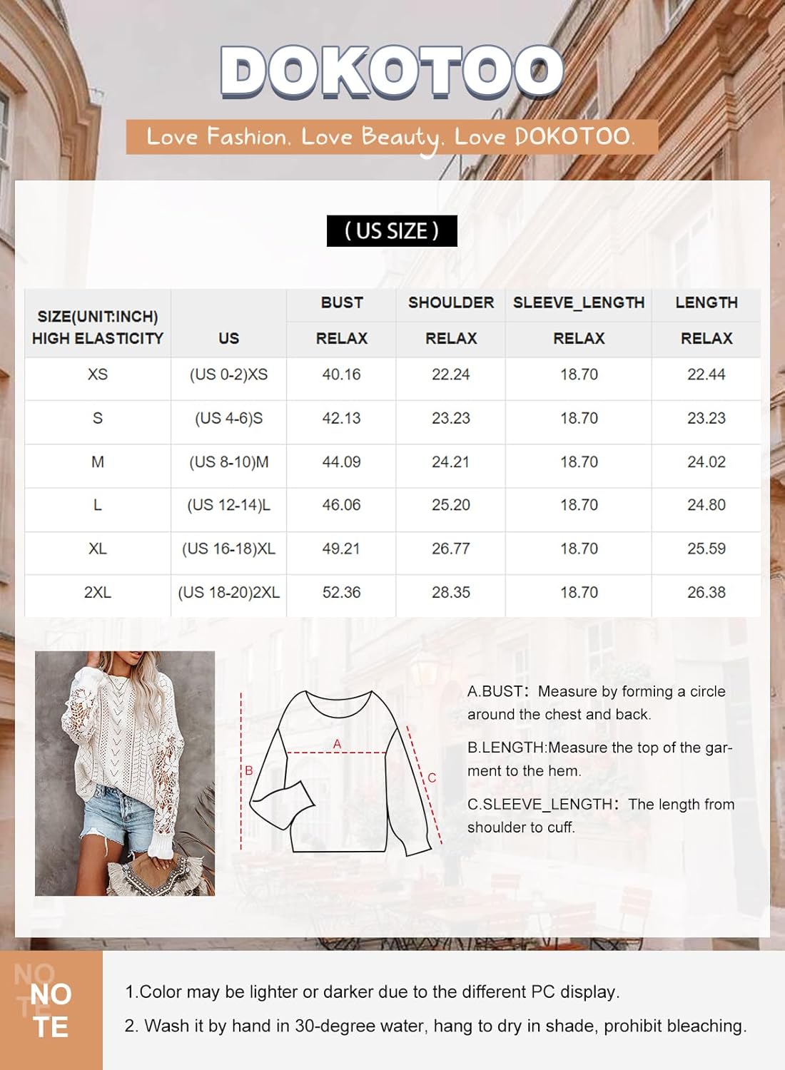 เสื้อสเวตเตอร์ถักคอกลมแขนยาวแบบถักด้วยโครเชต์ลูกไม้สำหรับผู้หญิง Dokotoo