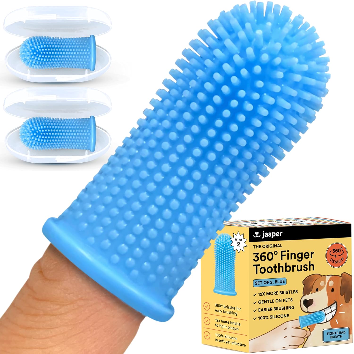 Jasper Dog Toothbrush, 360-Degree Silicone Dog Finger Toothbrush with Storage Cases, Dog Tooth Brushing Kit, Dog Teeth Cleaning Kit for Medium and Large Dogs, Use with Dog Toothpaste, 2-Pack Blue · v5