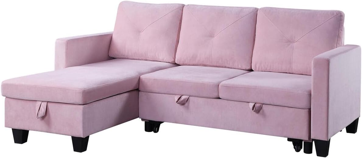 Lilola Home Nova Pembe Kadife Ters Çevrilebilir Yataklı Seksiyonel Kanepe, Depolama Şezlonglu