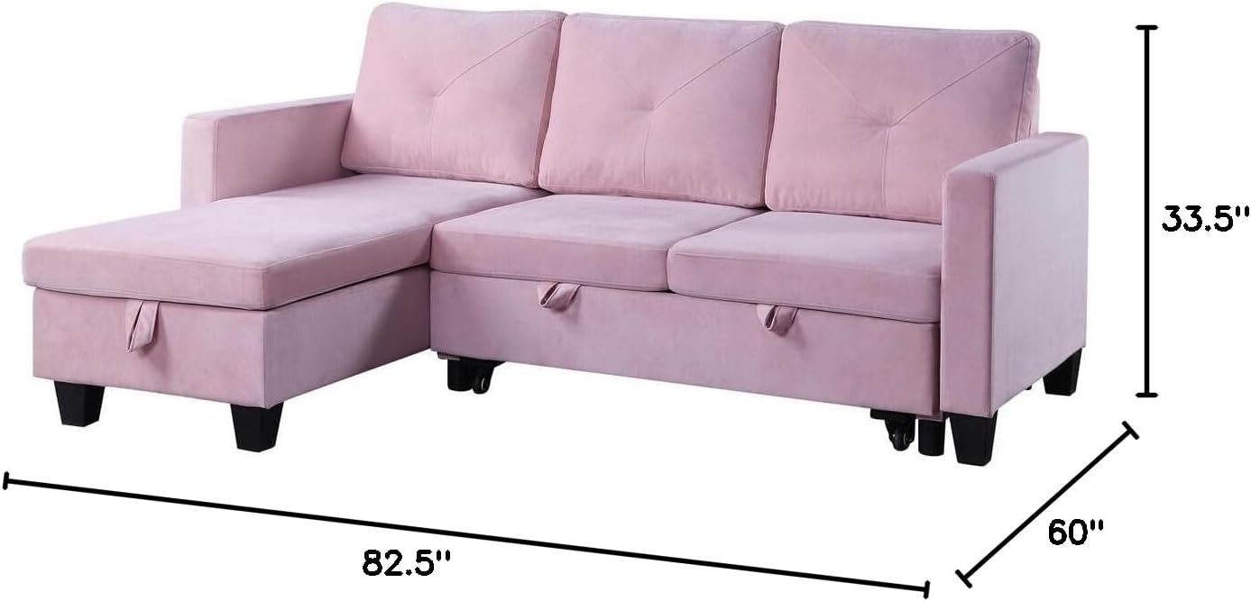 Lilola Home Nova Pembe Kadife Ters Çevrilebilir Yataklı Seksiyonel Kanepe, Depolama Şezlonglu