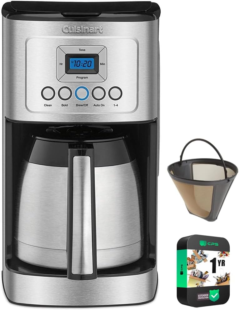 Cafetera térmica programable de acero inoxidable Cuisinart para 12 tazas con jarra térmica (DCC-1850 /DCC-3400), paquete que incluye filtro permanente y paquete de protección mejorada CPS de 1 año