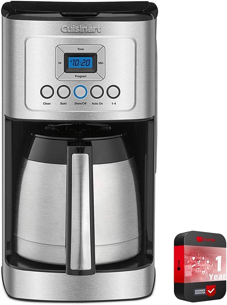 Cafetera térmica programable de acero inoxidable Cuisinart para 12 tazas con jarra térmica (DCC-1850 /DCC-3400), paquete que incluye filtro permanente y paquete de protección mejorada CPS de 1 año