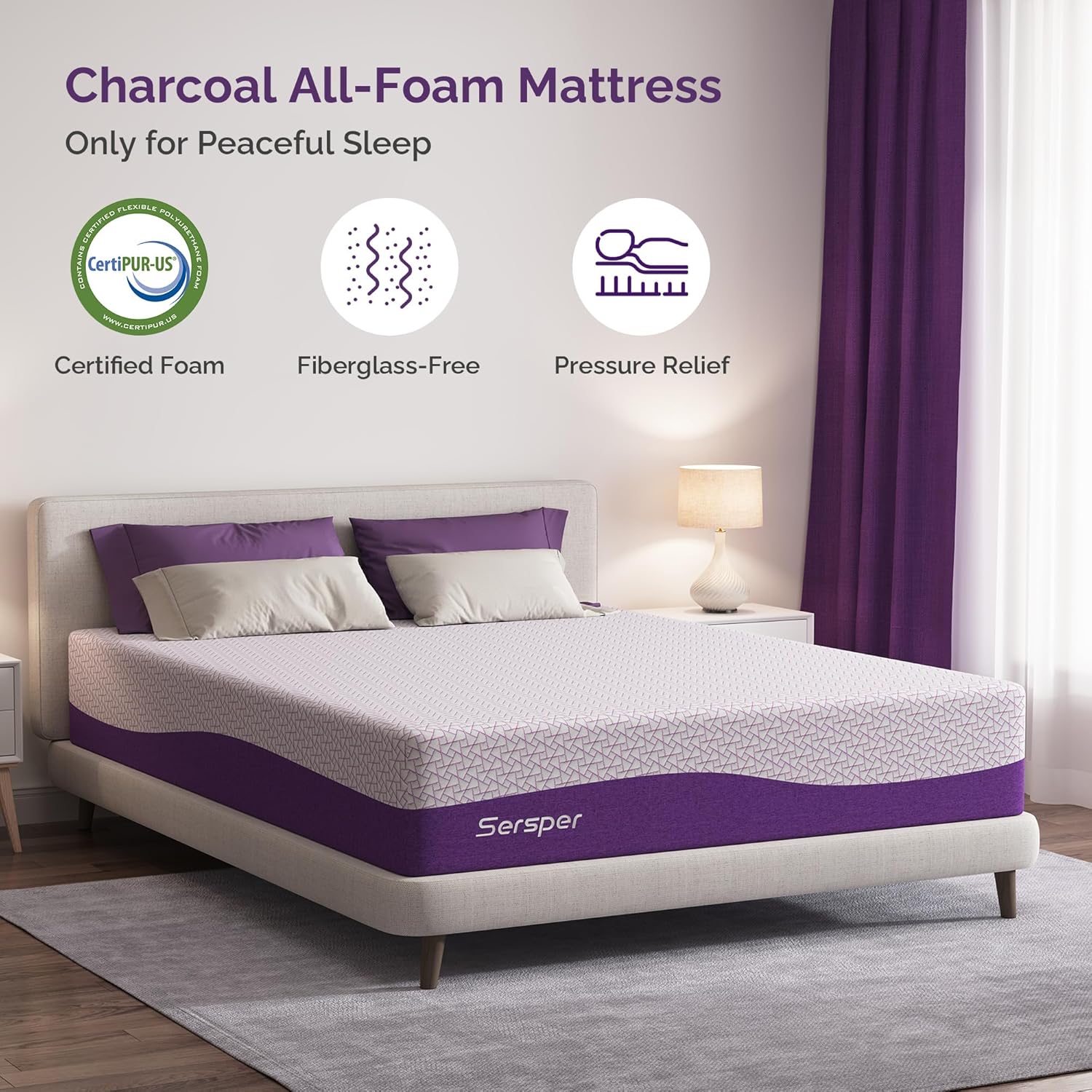 Sersper 8 Inch Bamboo Charcoal Cooling Gel Memory Foam Queen Mattress -Medium Plush - with Moisture Wicking Cover and Edge Support for Motion Isolating · v2