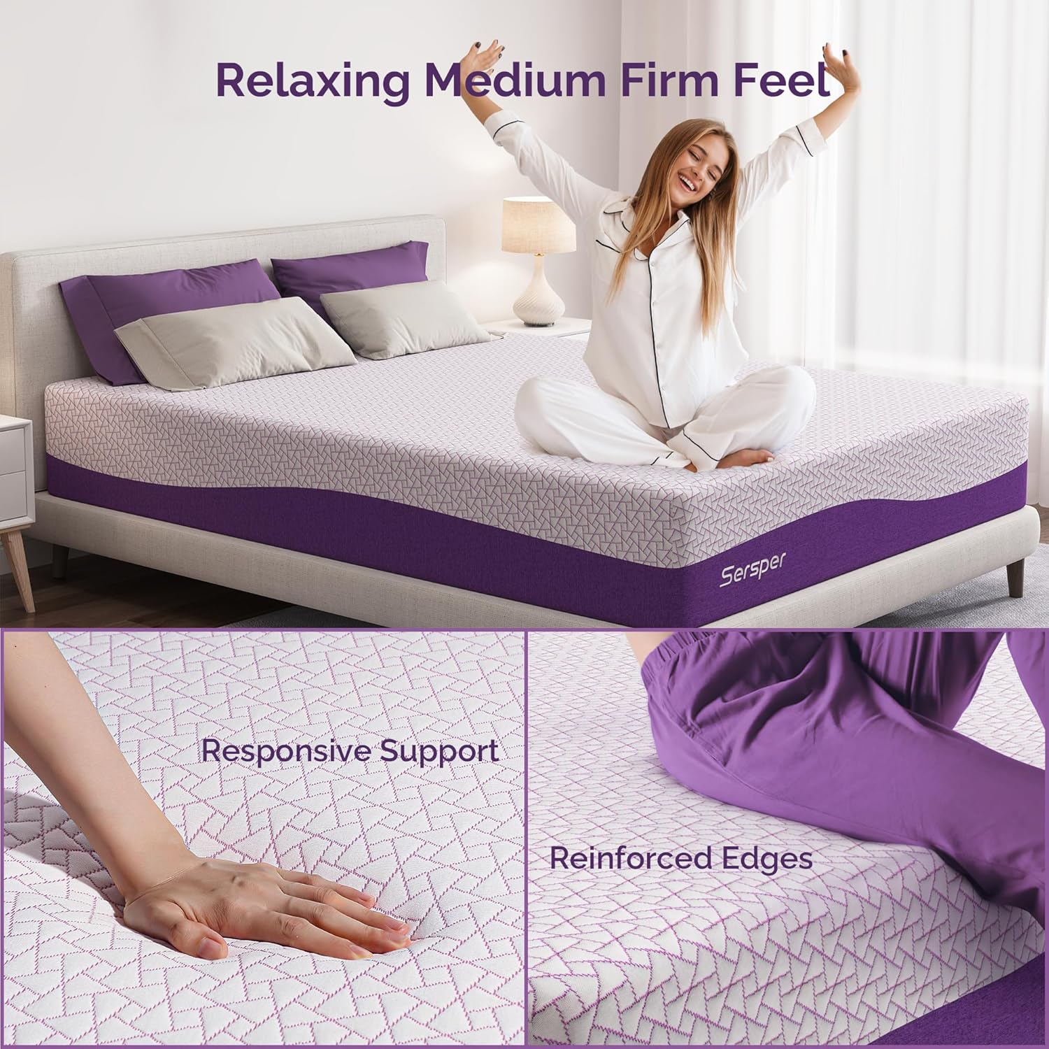 Sersper 8 Inch Bamboo Charcoal Cooling Gel Memory Foam Queen Mattress -Medium Plush - with Moisture Wicking Cover and Edge Support for Motion Isolating · v2