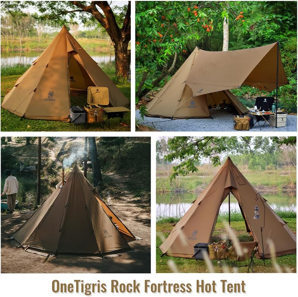 เต็นท์ OneTigris Rock Fortress พร้อมช่องเตาสำหรับ 4 ฤดูกาล สำหรับ 4-6 คน เต็นท์ทิปิสำหรับครอบครัว สำหรับการตั้งแคมป์ แบกเป้ ล่าสัตว์ ตกปลา กันน้ำ กันลม