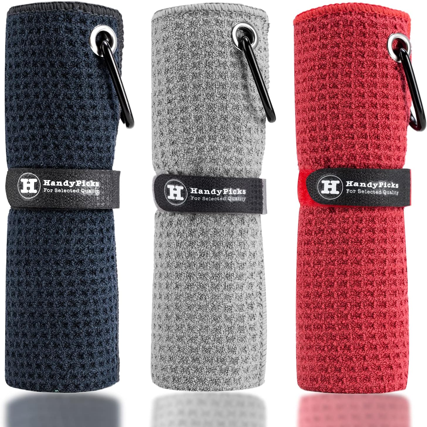 Serviette de golf en microfibre Handy Picks (16 x 16 pouces) avec mousqueton, fermeture auto-agrippante à motif gaufré - La serviette de nettoyage de golf pratique, noir/gris/rouge