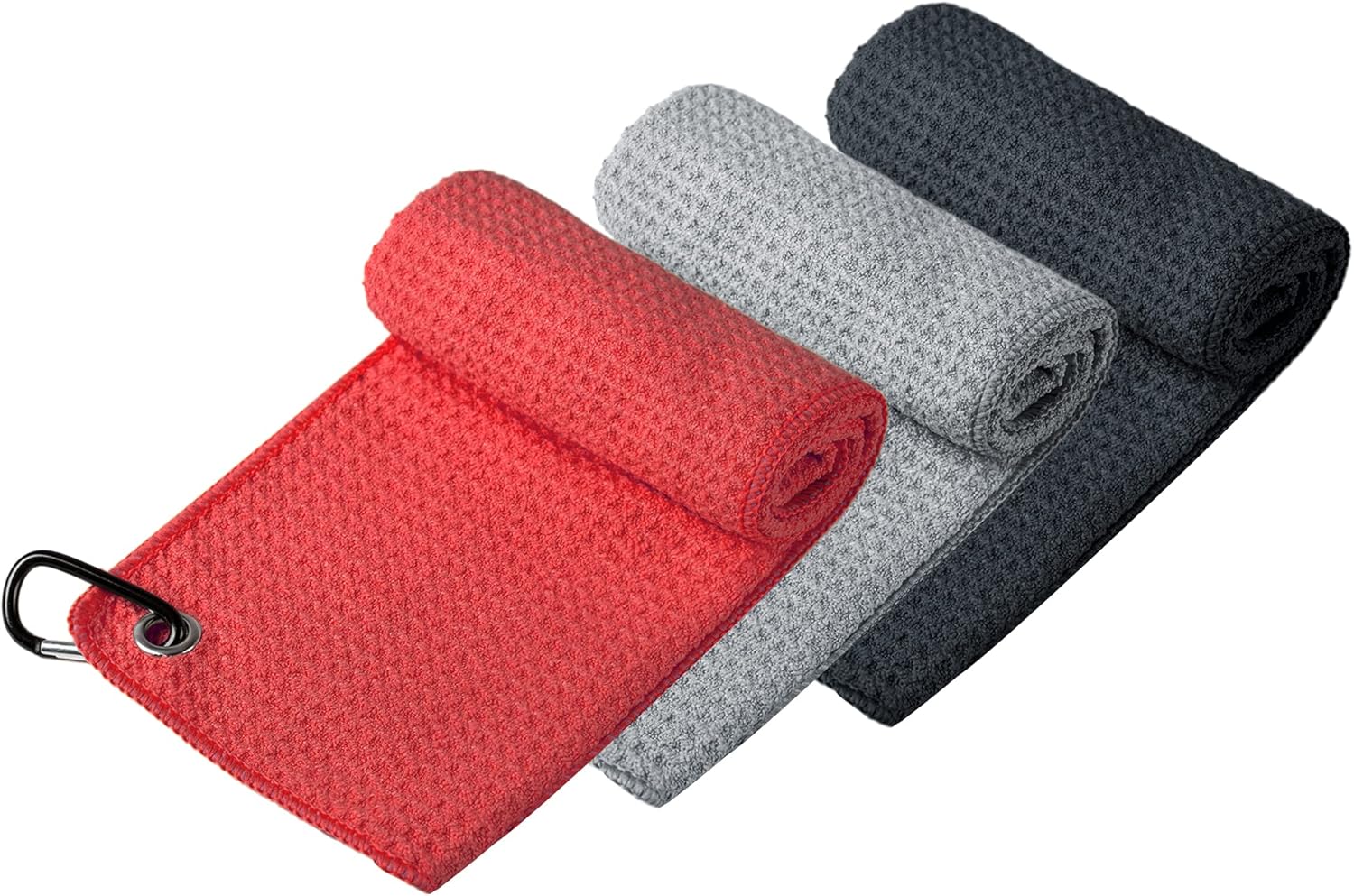 Serviette de golf en microfibre Handy Picks (16 x 16 pouces) avec mousqueton, fermeture auto-agrippante à motif gaufré - La serviette de nettoyage de golf pratique, noir/gris/rouge