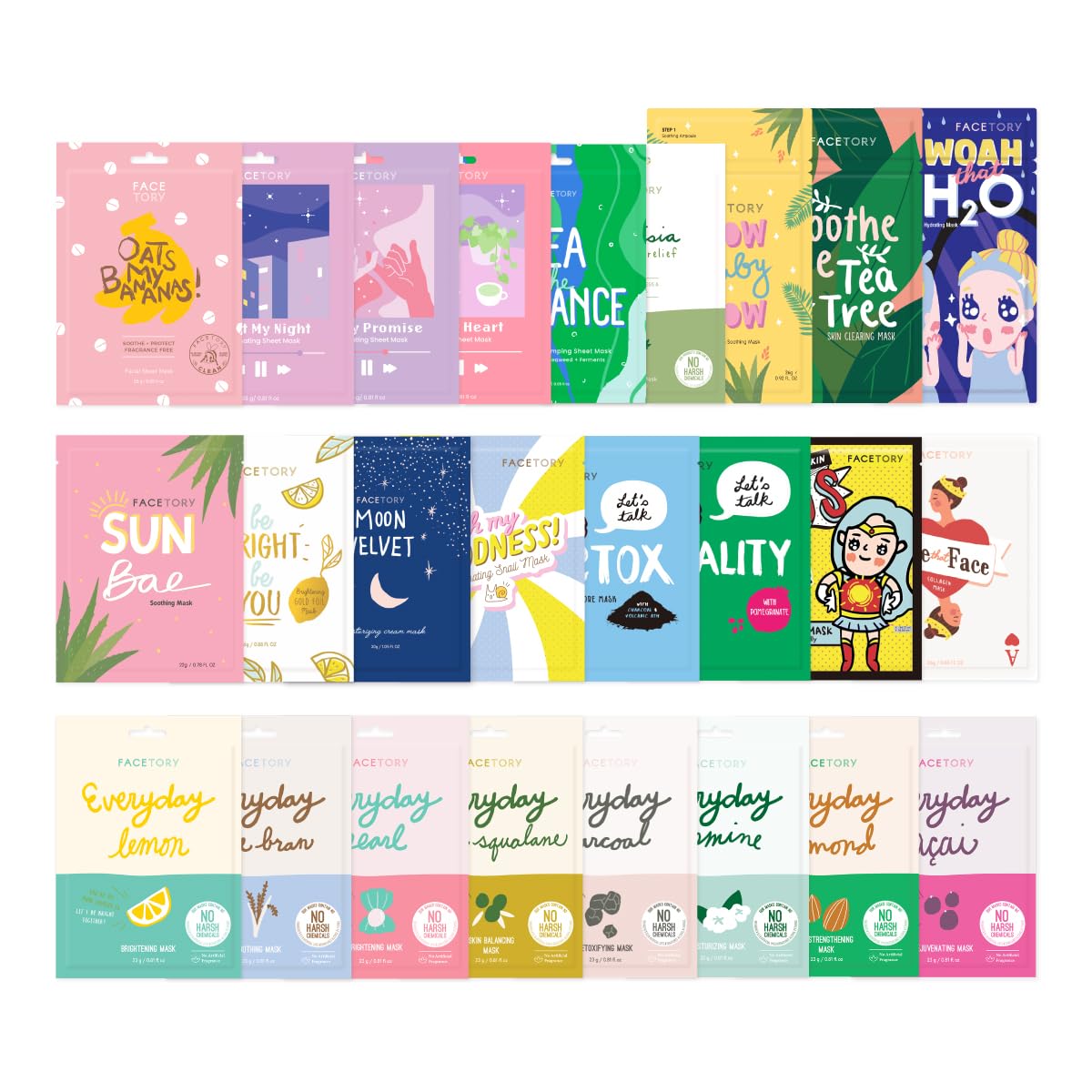 FACETORY 25 Pack Sheet Mask Collection- Hydrating Essence Korean Sheet Mask, for All Skin Types, Nourishing, Soothing, Refreshing, Variety Pack with Collagen, Cica, Oat, Niacinamide, and More · v4