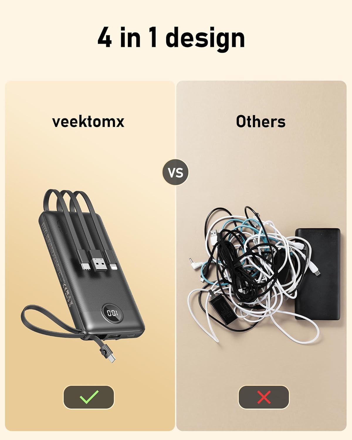 VEEKTOMX Portable Charger with Built-in Cables, 10000mAh Power Bank for iPhone, Slim Fast Charge USB C Battery Pack, Travel Essentials Powerbank Compatible with iPhone 15/14/13, Samsung, Android, etc · v2