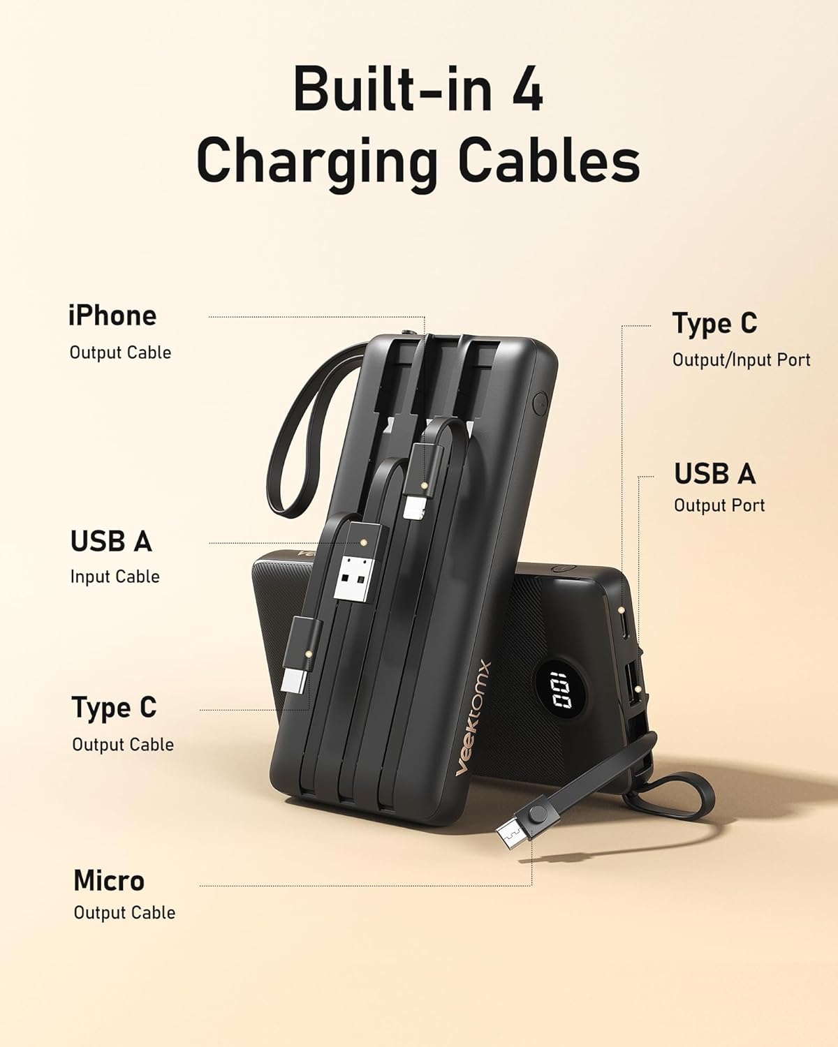 VEEKTOMX Portable Charger with Built-in Cables, 10000mAh Power Bank for iPhone, Slim Fast Charge USB C Battery Pack, Travel Essentials Powerbank Compatible with iPhone 15/14/13, Samsung, Android, etc · v2