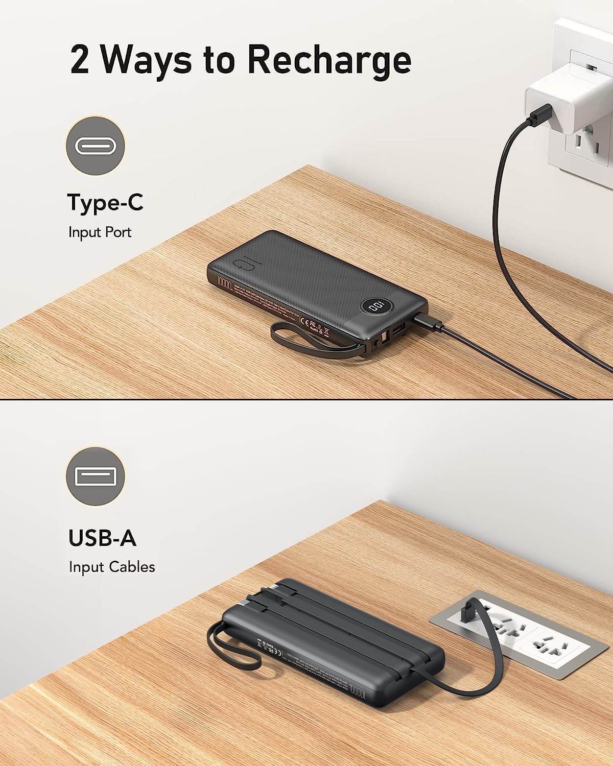 VEEKTOMX Portable Charger with Built-in Cables, 10000mAh Power Bank for iPhone, Slim Fast Charge USB C Battery Pack, Travel Essentials Powerbank Compatible with iPhone 15/14/13, Samsung, Android, etc · v2