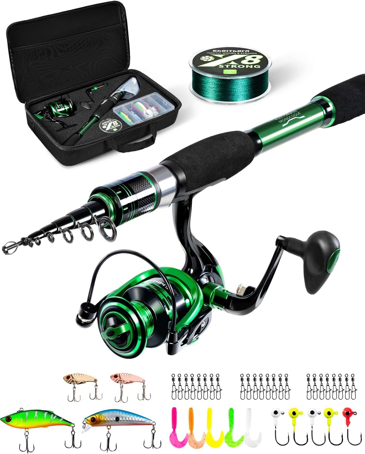 Ghosthorn Fishing Rod and Reel Combo, Graphite Telescoping Fishing Pole Collapsible Portable Travel Kit with Carrier Bag for Freshwater Fishing Gift for Men Women