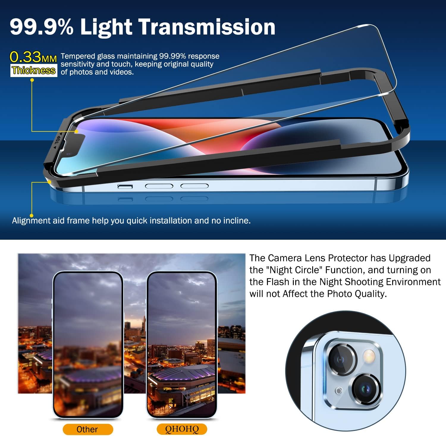 QHOHQ 3-pakowy ochraniacz ekranu do iPhone'a 14/iPhone 13 [6,1 cala] z 3-pakietowym osłonięciem obiektywu aparatu ze szkła hartowanego, Ultra HD, twardość 9H, przyjazny etui