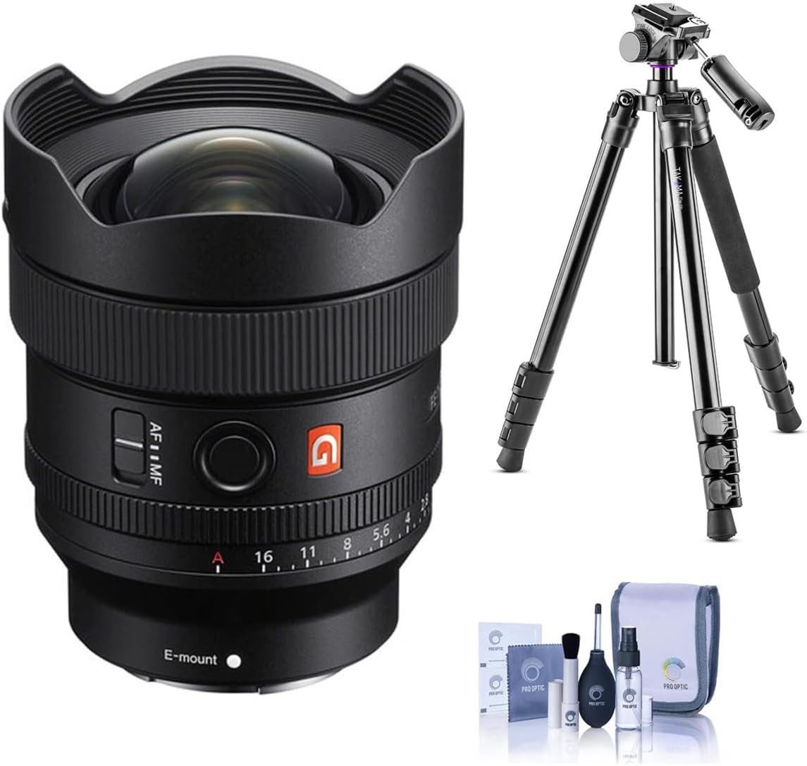 Obiettivo Sony FE 14mm f/1.8 GM Prime, pacchetto con treppiede Vanguard Alta Pro 264AT e testina TBH-100, kit di pulizia