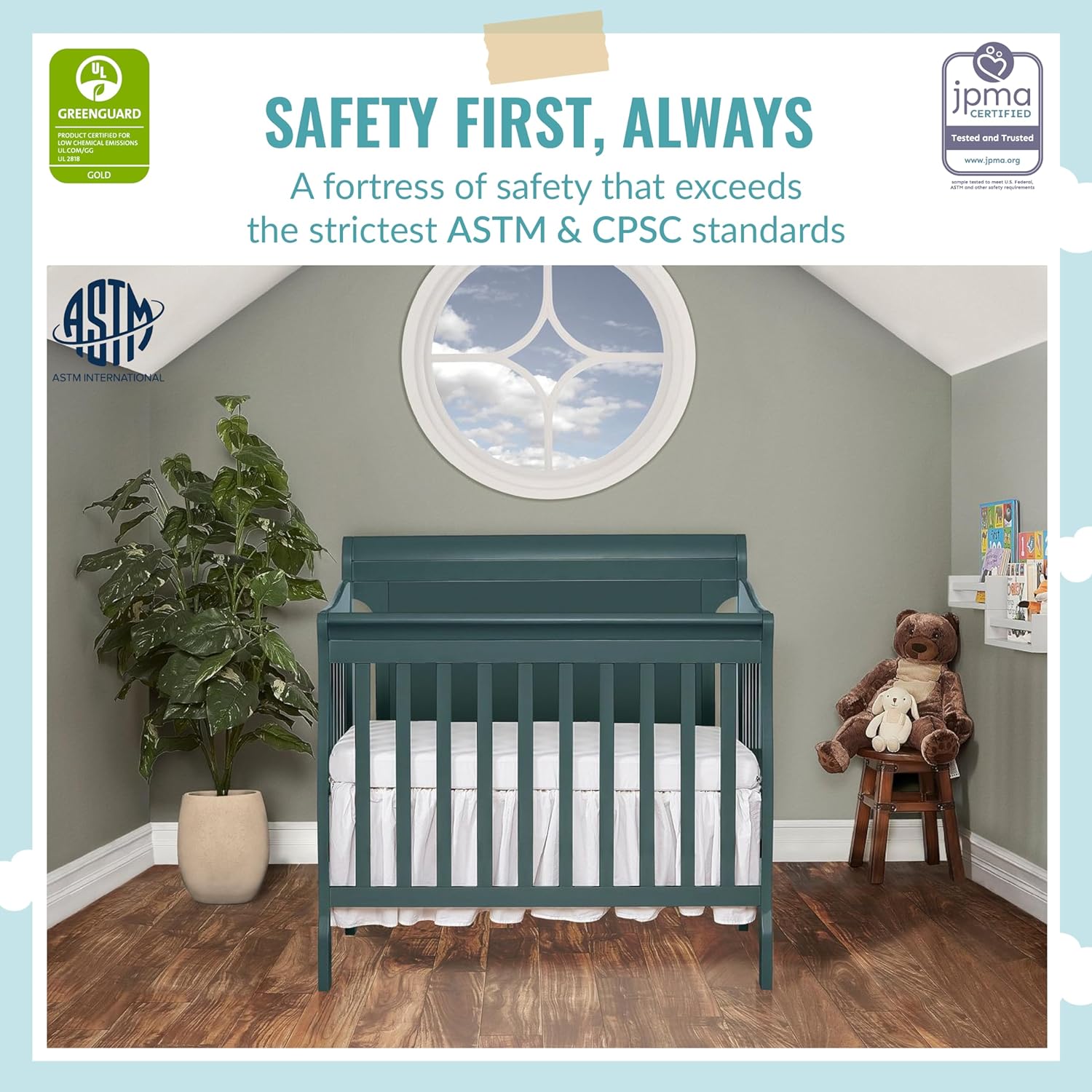 Alice 3-in-1 Full Panel Convertible Mini Crib, Olive, Greenguard Gold Certified