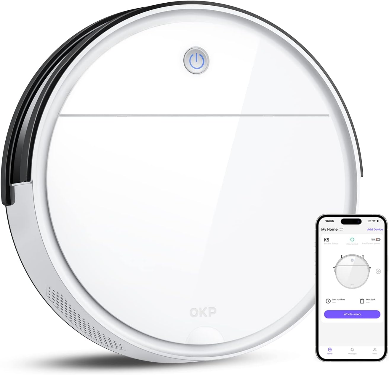 OKP Robotic Vacuum Cleaner 2500Pa, 120 Min Runtime, Robot Vacuum Cleaner with Schedule, WiFi/App/Alexa, Self-Charging, Slim Design, Quiet, Perfect for Hard Floors, Pet Hair, Carpets