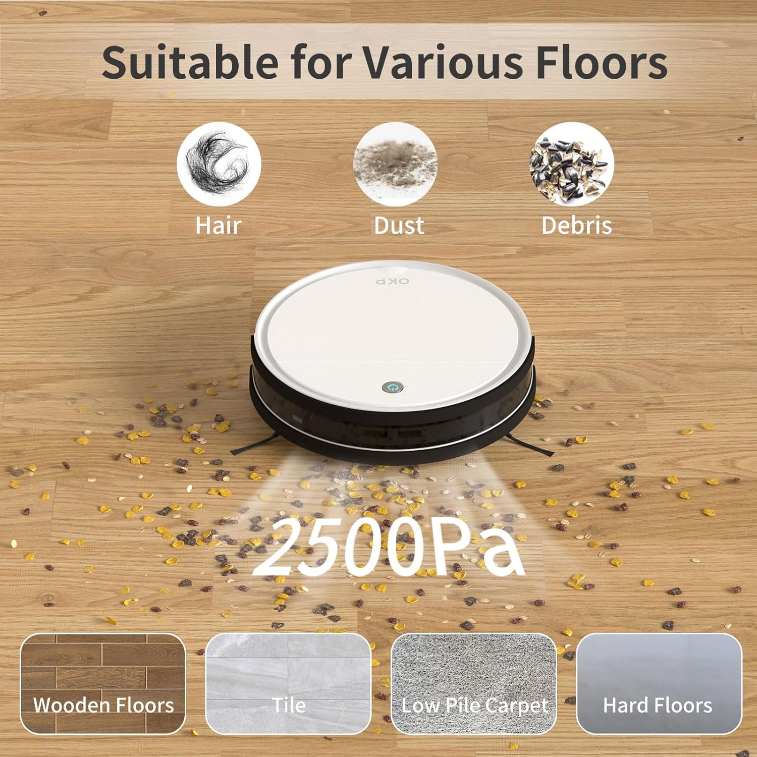 OKP Robotic Vacuum Cleaner 2500Pa, 120 Min Runtime, Robot Vacuum Cleaner with Schedule, WiFi/App/Alexa, Self-Charging, Slim Design, Quiet, Perfect for Hard Floors, Pet Hair, Carpets · v4