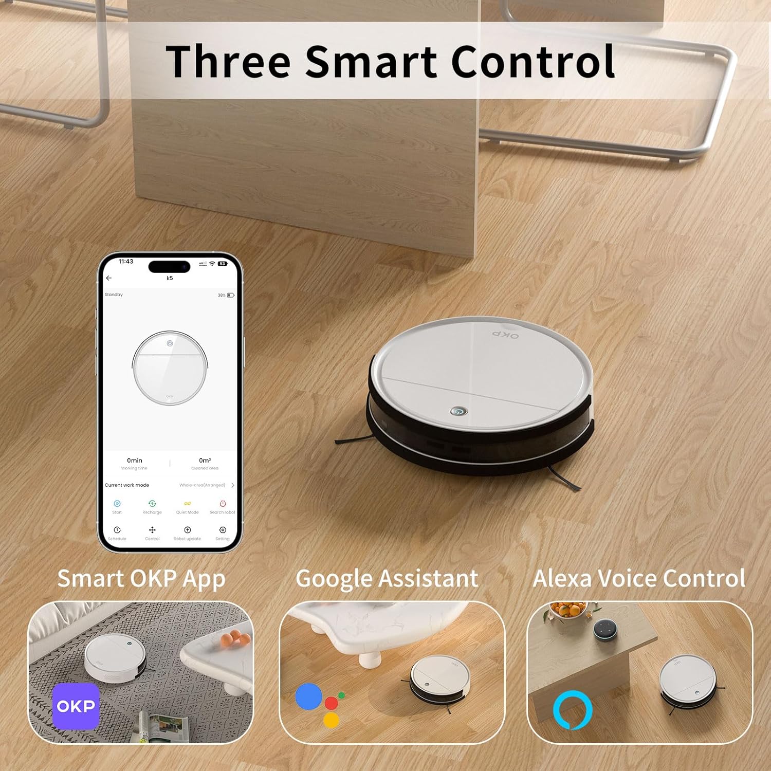 OKP Robotic Vacuum Cleaner 2500Pa, 120 Min Runtime, Robot Vacuum Cleaner with Schedule, WiFi/App/Alexa, Self-Charging, Slim Design, Quiet, Perfect for Hard Floors, Pet Hair, Carpets · v4