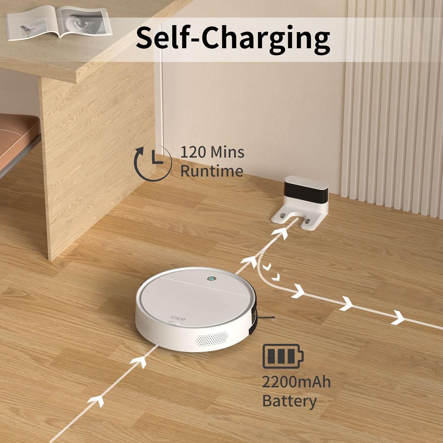 OKP Robotic Vacuum Cleaner 2500Pa, 120 Min Runtime, Robot Vacuum Cleaner with Schedule, WiFi/App/Alexa, Self-Charging, Slim Design, Quiet, Perfect for Hard Floors, Pet Hair, Carpets · v4