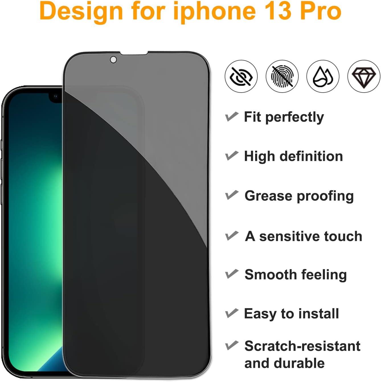 Pehael [2 2 Pack] iPhone 13 Pro Privacy Screen Protector with Camera Lens Protector Full Coverage AntiSpy Tempered Glass Film 9H Hardness Upgrade Edge Protection Easy Installation Bubble Free [6.1