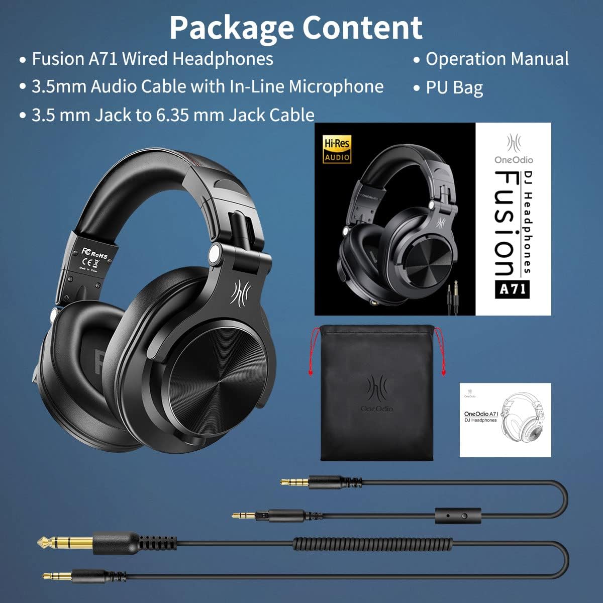 OneOdio A71 Hi-Res Studio Recording Headphones - Wired Over Ear Headphones with SharePort, Professional Monitoring Mixing Foldable Headset with Stereo Sound, 3.5/6.35MM Jack for PC Computer DJ Guitar