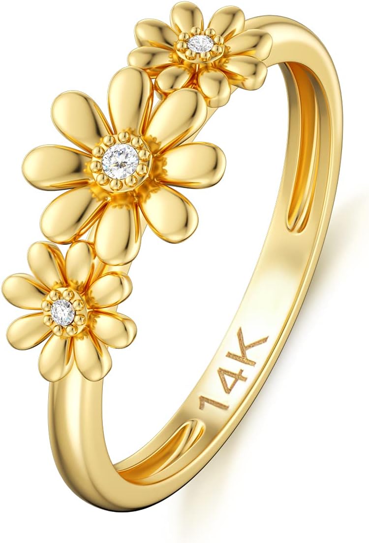 แหวนดอกเดซี่ทองคำแท้ 14K ของ SISGEM สำหรับผู้หญิง แหวนดอกไม้ทองคำเหลืองอันวิจิตรบรรจง แหวนครบรอบแต่งงานสำหรับภรรยาและแม่ แหวนลำลอง แหวนหมั้นอันวิจิตรบรรจง แหวนแต่งงานสำหรับเธอ
