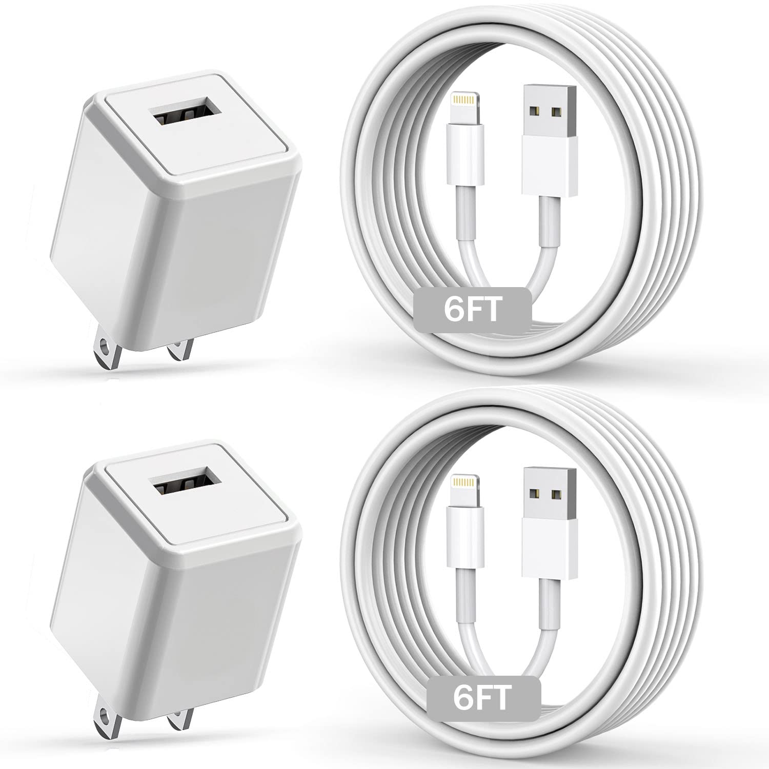 iPhone 충전기, 긴 6피트 iPhone 충전기 2팩 iPhone 코드 6피트 USB to Lightning 케이블 빠른 고속 충전 데이터 동기화 코드 USB 벽면 충전기 블록 어댑터 iPhone 14/13/12/11/XS/XR/X/8/7/5/SE2022/iPad용