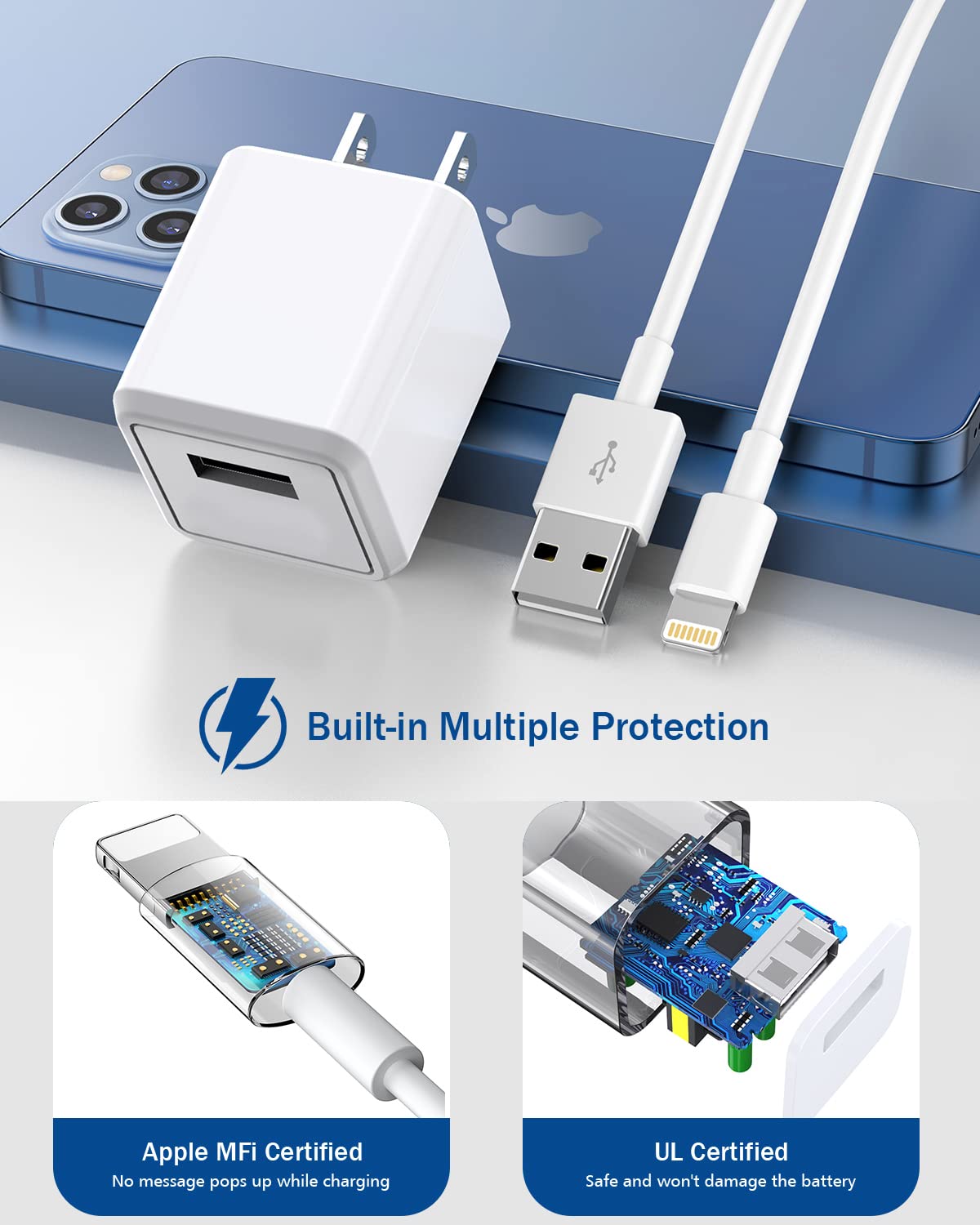 iPhone Charger,Long 6FT iPhone Charger 2Pack iPhone Cord 6feet USB to Lightning Cable Quick Fast Charging Data Sync Cord USB Wall Charger Block Adapter for iPhone 14/13/12/11/XS/XR/X/8/7/5/SE2022/iPad · v2
