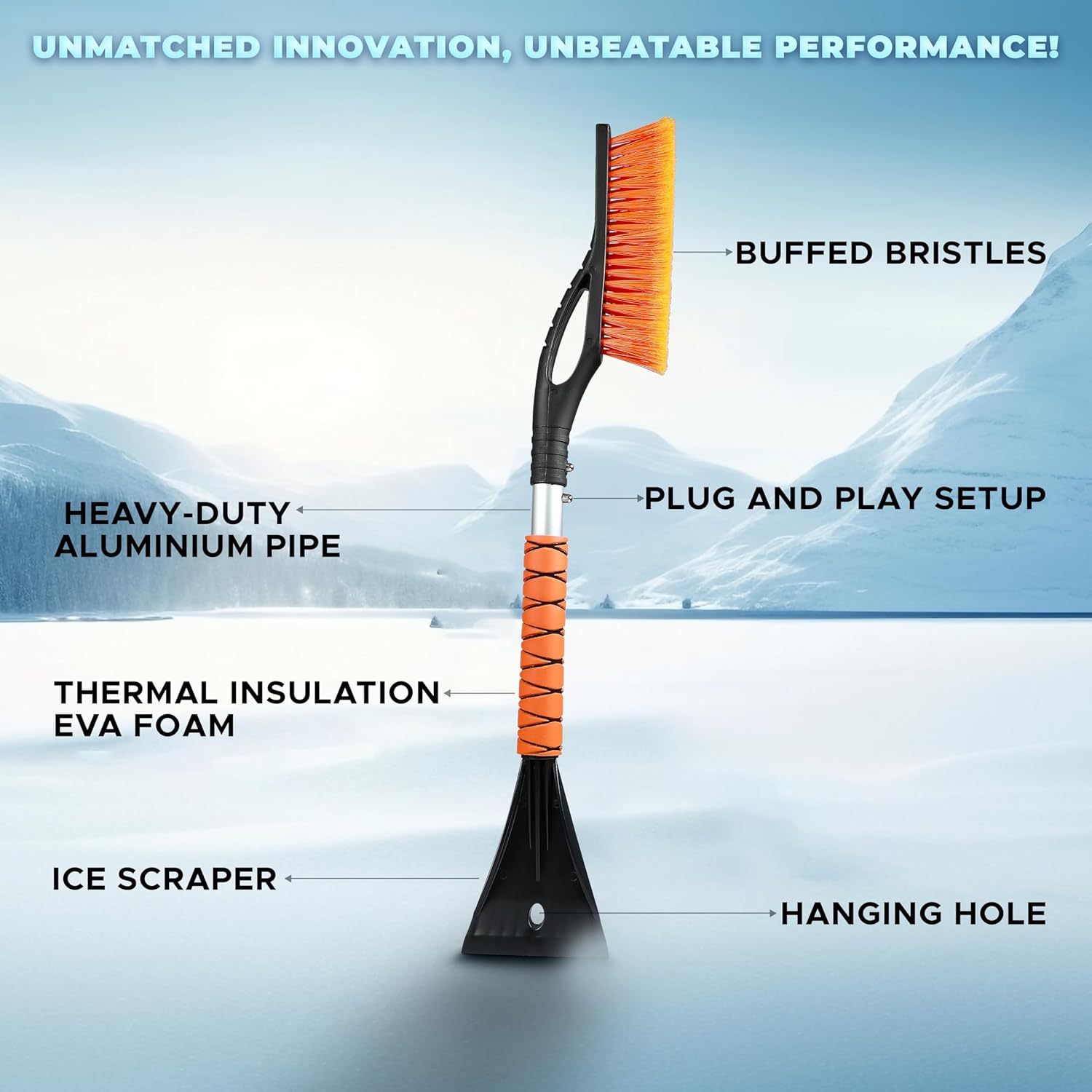EcoNour 27 Aluminum Snow Brush with Ice Scrapers for Car Windshield and Window | Car Snow Scraper and Brush with Ergonomic Foam Grip Winter Accessories (Orange) · v6