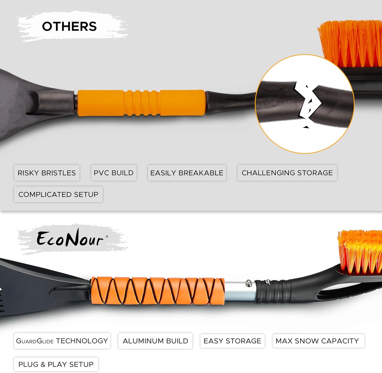 EcoNour 27 Aluminum Snow Brush with Ice Scrapers for Car Windshield and Window | Car Snow Scraper and Brush with Ergonomic Foam Grip Winter Accessories (Orange) · v6
