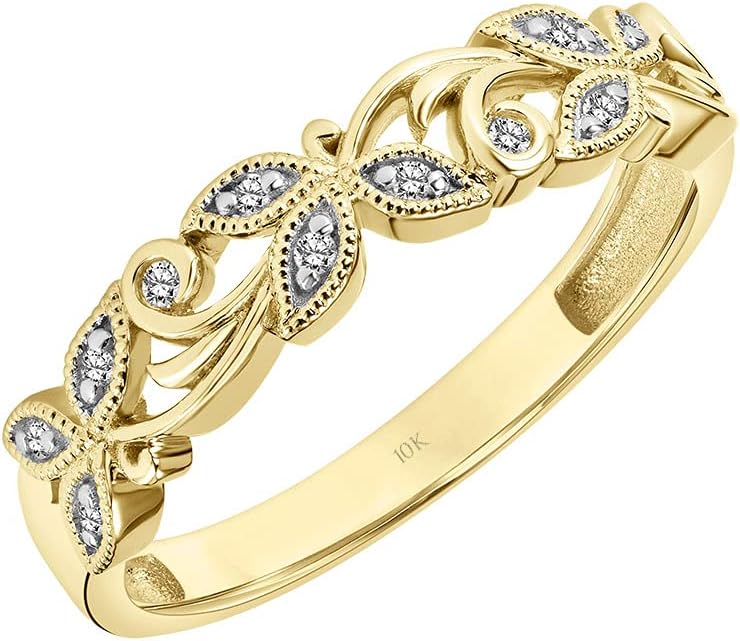 Stackable Floral Vine Leaf 0.07 Ct Diamond Wedding Rings for Women; Promise Rings for Her in 10K White or Yellow Gold, 925 Sterling Silver or 18K Yellow Gold Vermeil; Anniversary Rings for Women (I-J · v2