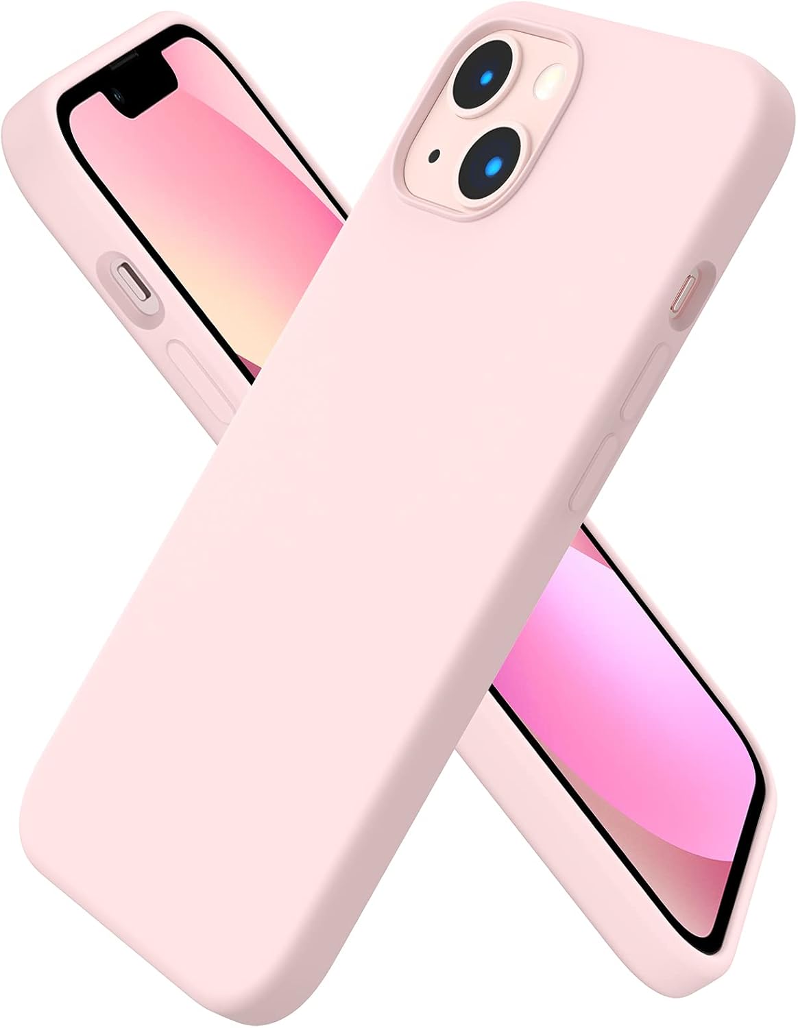 Coque ORNARTO compatible avec iPhone 13 6.1, coque fine en silicone liquide à 3 couches entièrement recouverte en caoutchouc gel souple 6,1 pouces, rose craie