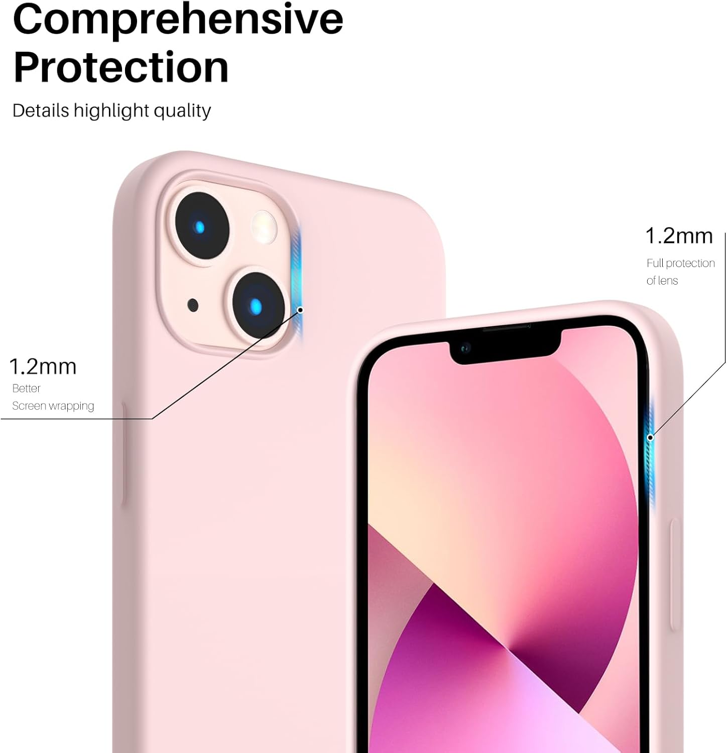 ORNARTO Compatible with iPhone 13 Case 6.1, Slim Liquid Silicone 3 Layers Full Covered Soft Gel Rubber Case Cover 6.1 inch-Chalk Pink