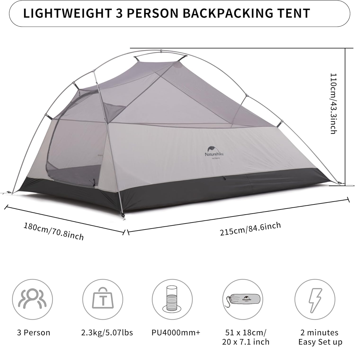 Naturehike Cloud-Up 3 Kişilik Ayak İzi ile Hafif Sırt Çantası Çadırı - 3 Mevsim Serbest Ayaklı Dome Kamp Yürüyüş Su Geçirmez Sırt Çadırları