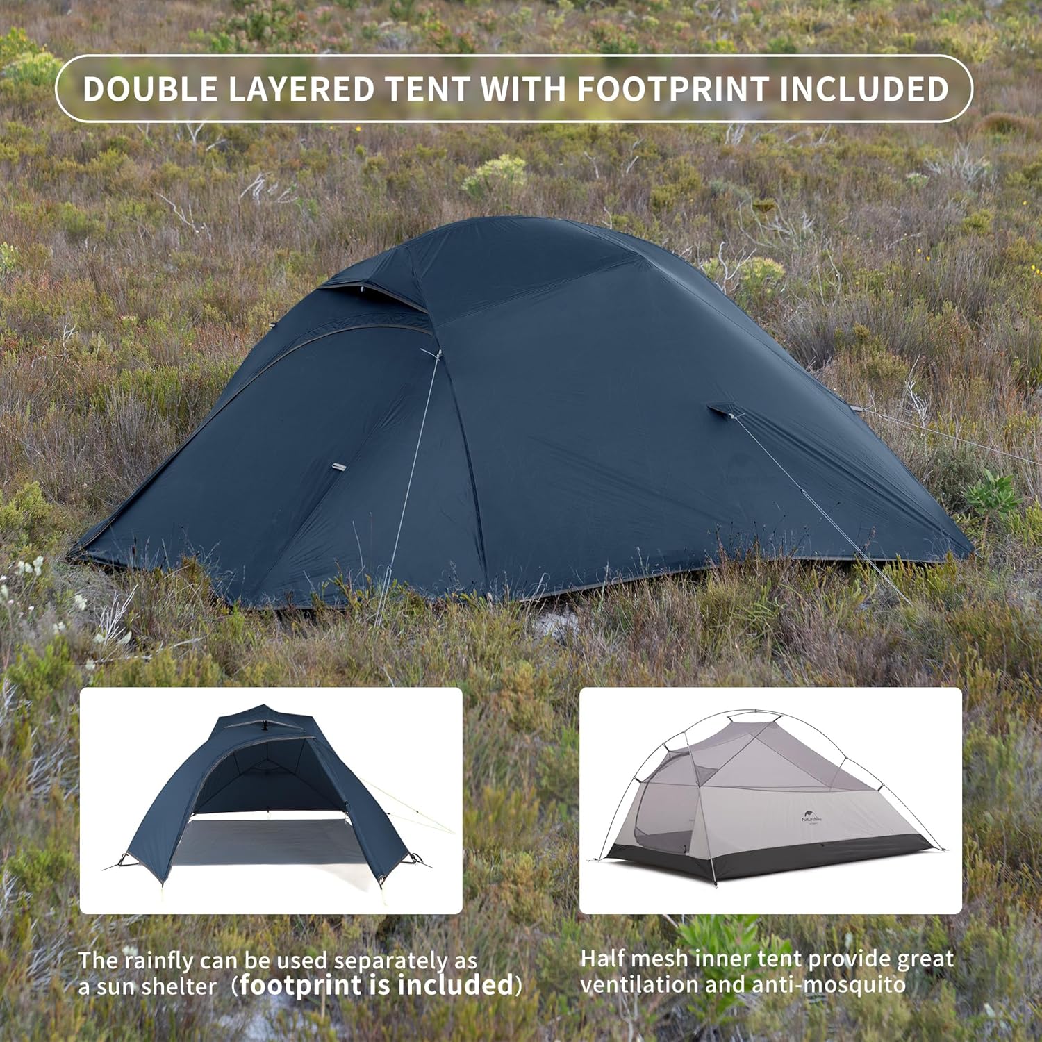 Naturehike Cloud-Up 3 Kişilik Ayak İzi ile Hafif Sırt Çantası Çadırı - 3 Mevsim Serbest Ayaklı Dome Kamp Yürüyüş Su Geçirmez Sırt Çadırları