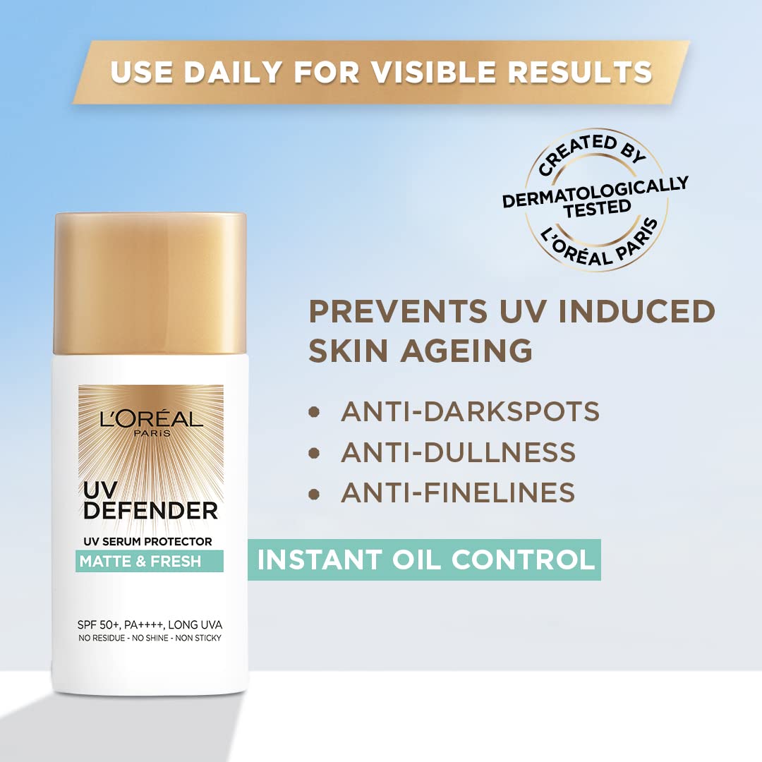 L’Oréal Paris Sunscreen, Lightweight Matte Sunscreen For Oily Skin, UVA  UVB Protection, With SPF 50 PA   , Matte amp; Fresh, UV Defender Serum Protector, 50 ml · v2